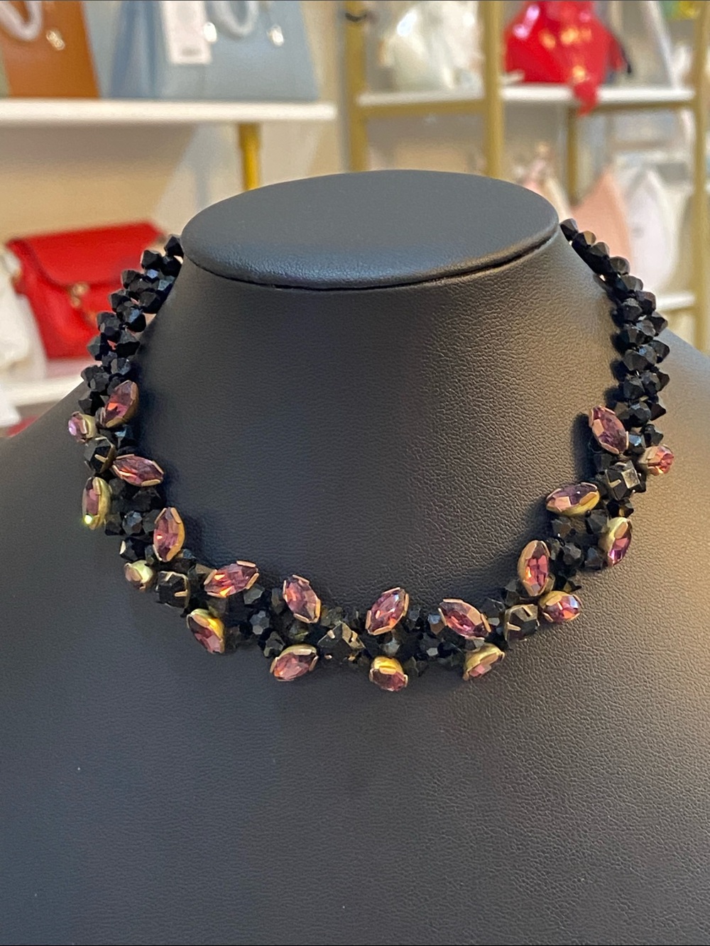 Elegant Black and Deep Purple Beaded Necklace Choker